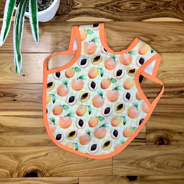 Bapron Large Without Pocket | Baby Toddler Bib Apron Hybrid | Peaches Peach Print | Gingham Plaid Orange | Clothing Protection