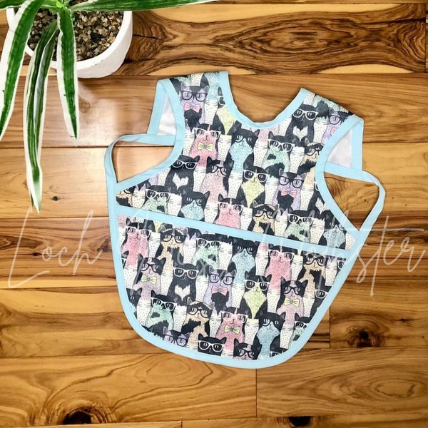 Large Bapron With Pocket | Baby Toddler Bib Apron Hybrid | Pocketed Bib | Apron For Kids | Cool Cats Pastel Print