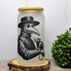 Plague Doctor, Gothic Gift, Spooky Tumbler, Creepy Tumbler, Frosted Glass Tumbler 16oz, Glass Cup with Lid and Straw, Halloween Cup