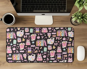 Kawaii Desk Mat: Black Stationery Print, Workspace Decor