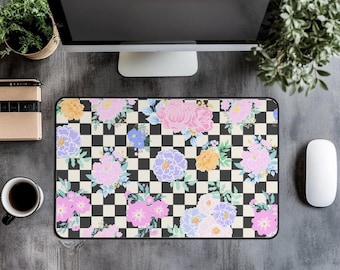 Floral Checkered Desk Mat: Pastel Vintage Flowers, Neoprene Office Decor