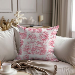 Funda de almohada Toile de Jouy de color rosa caramelo, funda de almohada vintage, funda de almohada estética natural, funda de almohada bonita, funda de almohada cuadrada de poliéster hilado