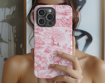 Custodia per telefono in Toile de Jouy rosa confetto, scena naturalistica vittoriana