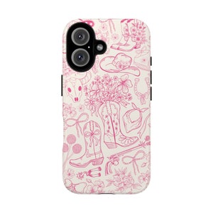 Coque de portable cow-girl Coque de portable mignonne rose Dessin au trait esthétique Coque pour fille western pour iPhone 16 15 14 13 12 11 Samsung Pixel Tough Cases