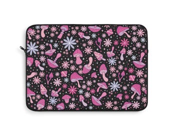 Retro Pink Mushroom Laptop Sleeve: Groovy Floral Computer Bag