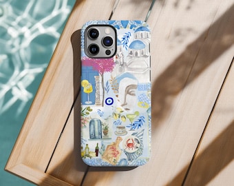 Santorini Greece Phone Case | Coastal Collage Art, Aegean Blues