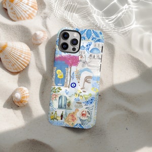 Santorini Collage Handyhülle Griechenland Sommer Handyhülle Blauer ästhetischer Fall Niedliche Küsten iPhone 16 15 14 13 12 11 Samsung Pixel Tough Case