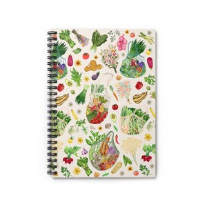 May include: A spiral bound notebook featuring a colourful pattern of vegetables and flowers in mesh bags. The background is a light beige colour.