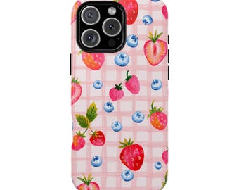 Funda de fruta para teléfono: funda resistente para iPhone con diseño de fresa y arándano