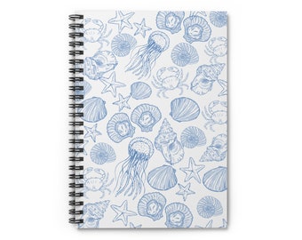 Coastal Notebook Aesthetic Journal Coastal Summer Journal Seashell Notebook Oysters Gift Coastal Minimalist Blue Spiral Notebook  Ruled Line