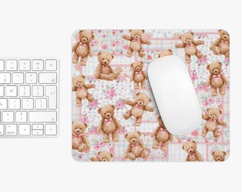Teddy Bear Patchwork Mouse Pad | Floral Nursery Desk Mat