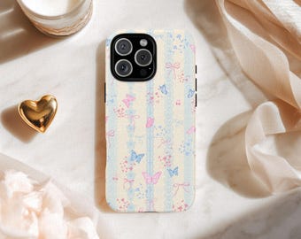 Coquette Phone Case: Pastel Butterfly Bow Lace, Girly Kawaii Floral Cover