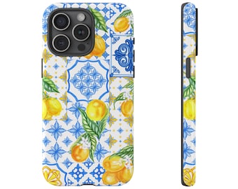 Capa de celular com azulejos de limão mediterrâneo: capa resistente azul siciliano