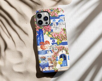 Funda para teléfono Santorini: Funda resistente con diseño costero mediterráneo