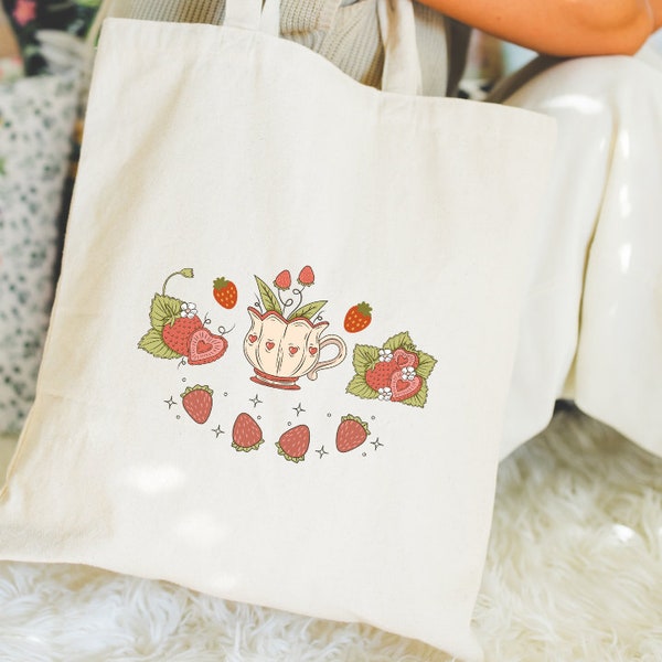 Strawberry Tote Bag Cottagecore Strawberries Aesthetic Cute Tote Bag Gift Friend Summer Tote Bag Minimalist Forestcore Cotton Canvas ToteBag