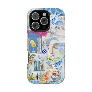Coque Santorini Collage MagSafe, Grèce été MagSafe, coque esthétique bleue, jolie coque magnétique pour téléphone Coastal Greek Vibe pour iPhone 16 15 14 13