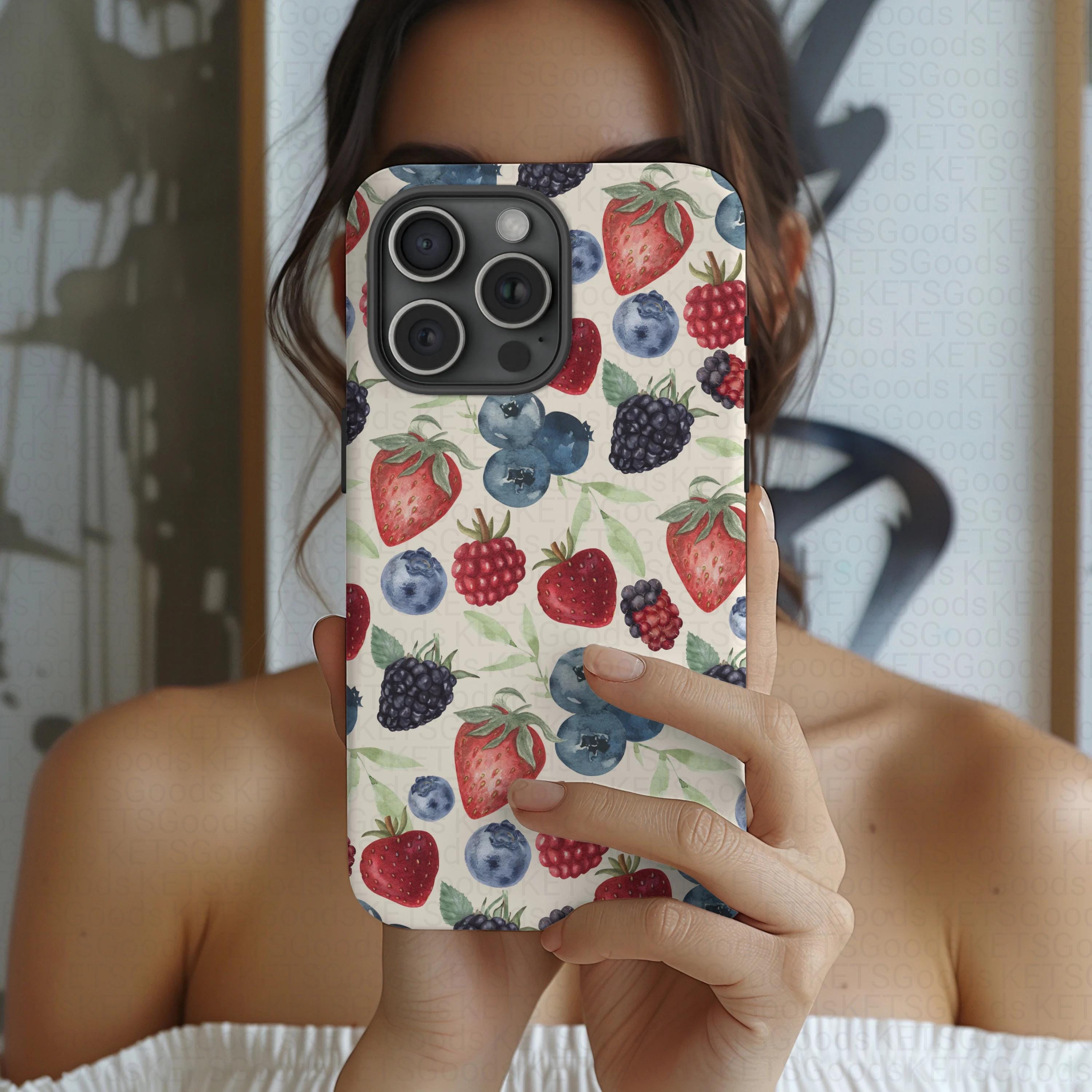 Fruit Phone Case Cute Berries Phone Case Strawberry Blueberry Phone Case Aesthetic Case iPhone 16 15 14 13 12 11 Samsung Pixel Tough Case