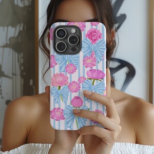 Floral Phone Case Cute pink Blue Phone Case Coquette Aesthetic Strips Case Preppy Case iPhone 16 15 14 13 12 11 Samsung Pixel Tough Case