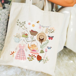 Cottagecore Tragetasche Niedliche Tragetasche Goblincore ästhetik Tragetasche Gartenmädchen Tasche Forestcore Pilz Tragetasche Floral Erdbeere Baumwoll-Einkaufstasche