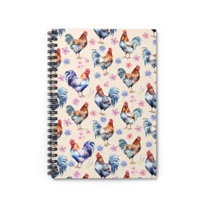 May include: Spiral-bound notebook featuring a repeating watercolor pattern of roosters in shades of brown, blue, and red, interspersed with small purple and blue flowers on a cream background. The notebook has a black spiral binding.