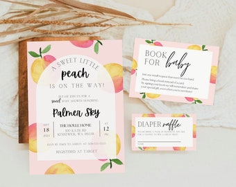 May include: A pink and yellow baby shower invitation with peach illustrations. The invitation reads "A Sweet Little Peach is on the Way!" and includes details for the shower, including the date, time, location, and RSVP information. There are also two smaller cards, one for a book raffle and one for a diaper raffle.