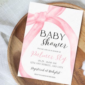 Pink Bow Baby Shower Invitation Template Printable, Baby Girl, Pink Coquette Baby Shower Invite, Girl Baby Shower Invitation, Coquette Bow