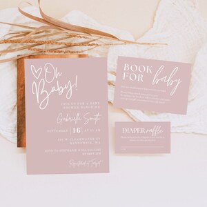 Minimalist Baby Shower Invitation Bundle, Girl Pink Baby Shower invite Template, Pink Books for Baby Card, Pink Diaper Raffle Ticket, Boho
