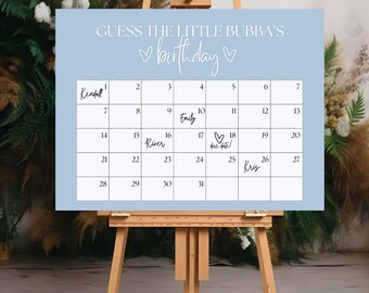 Op de afbeelding: Een blauwe en witte kalender met de tekst "Guess the Little Bubba's Birthday" bovenaan. De kalender heeft de maanden november en december met namen in de vakjes, waaronder Kendall, Emily, River en Kris.