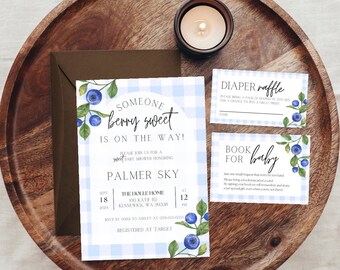 Berry Sweet Baby Invitation Set, Berry Baby Shower Invitation Set Template, Printable, Editable, Diaper Raffle Ticket, Books for Baby Card