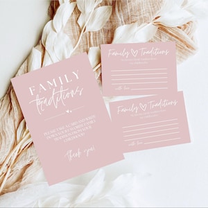 Letrero y tarjeta minimalistas de tradiciones familiares en color rosa, baby shower, compartir un recuerdo, recuerdo de la infancia, letrero y tarjeta de tradiciones familiares, estilo boho