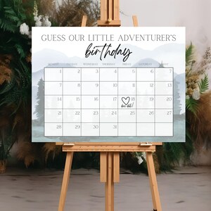 Adventure Awaits Baby Due Date Calendar Sign Template, Guess the Birthday, Baby Shower Game, Editable, Instant Download, Adventure Begins