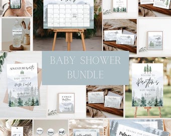 Puede incluir: Un paquete de baby shower con temática de bosque. El paquete incluye invitaciones, etiquetas para alimentos, un letrero de bienvenida, una tarjeta de juego y etiquetas de agradecimiento. El diseño presenta ilustraciones de acuarela de árboles y montañas en tonos verdes y azules.