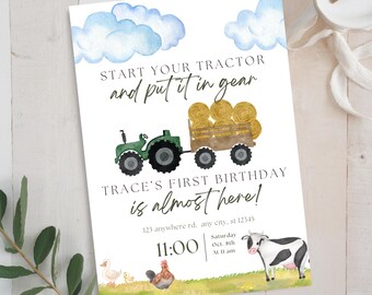 May include: Watercolor birthday invitation featuring a green tractor pulling a wagon of hay bales. The invitation includes the text "Start your tractor and put it in gear" and "Trace's first birthday is almost here!" with a cow, duck, and chicken illustration.
