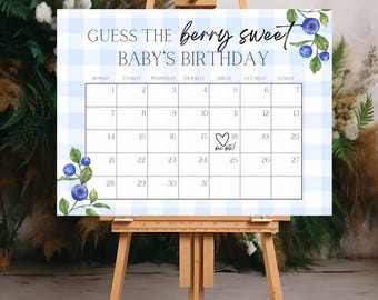 Plantilla de letrero de calendario con fecha de parto de Berry Sweet Baby, adivina el cumpleaños, juego de baby shower, editable, descarga instantánea, Berry Sweet Baby, verano