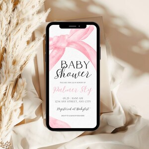 Rosa Schleife Babyparty Evite Vorlage zum Ausdrucken, Baby Girl, Rosa Kokette Babyparty einladen, Mädchen-Babyparty digitale Einladung, Kokette