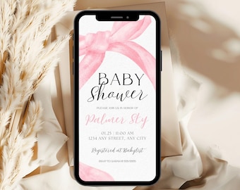 Pink Bow Baby Shower Evite Template Printable, Baby Girl, Pink Coquette Baby Shower Invite, Girl Baby Shower Digital Invitation, Coquette