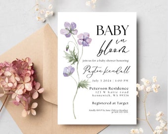 Baby in Bloom Baby Shower Invitation Template, Wildflower baby shower, boho baby shower, Floral invite, Editable, Printable, Download