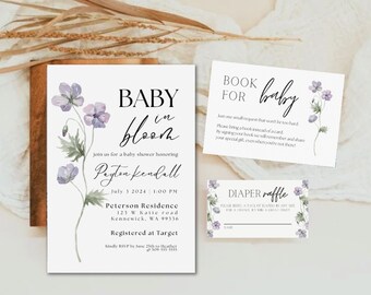 May include: A baby shower invitation with a floral design. The invitation is for a baby shower honoring Payton Kendall on July 3, 2024 at 1:00 PM at the Peterson Residence. The address is 123 W Katie Road, Kennewick, WA 99336. The invitation also includes information about a book raffle and a diaper raffle.