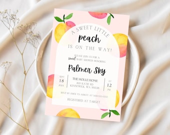 Una plantilla de invitación de baby shower de melocotón dulce y pequeño, invitación de baby shower de melocotón, imprimibles de baby shower de melocotón, baby shower de verano, editable