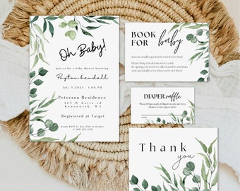 Baby shower invitation template set, Greenery baby shower invitation bundle, Boho baby shower bundle, Floral invite, Printable download
