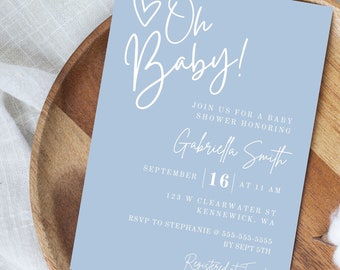 Minimalist Oh Baby Blue Baby Shower Invitation, Boy Blue Modern Minimal Boho Baby Shower, Editable Baby Shower Invitation Template