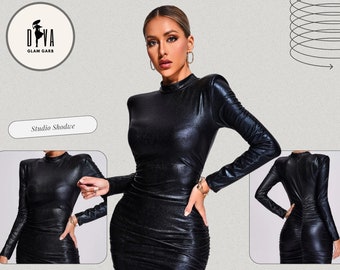 Robe moulante en latex noire, mini-robe fine en cuir à manches longues en cuir