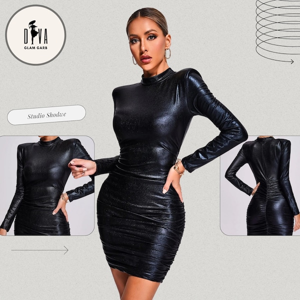 Robe moulante en latex noire, mini-robe fine en cuir à manches longues en cuir