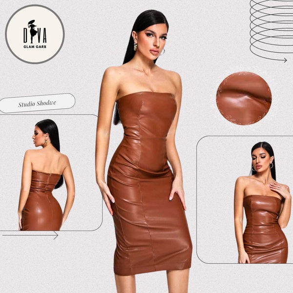 Brown Leather Strapless Bodycon Midi Dress, Fitted Partywear