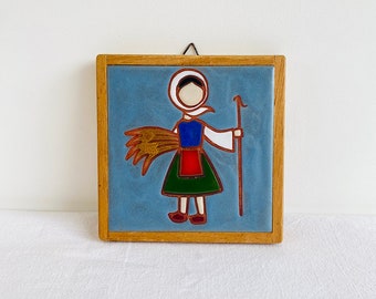 Rare Midcentury Folk Art Hanging Tile / True Vintage Ceramic Art Tile / Handmade Folk Art Ceramic Tile / 1960s-70s