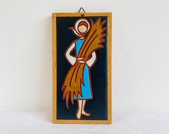 Woman Figure Midcentury Modern Folk Art Hanging Tile / True Vintage Ceramic Art Tile / Handmade Folk Art Ceramic Tile / 1960s-70s