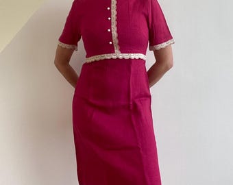 Vintage 1960s Mod Shift Dress: Fuchsia Pink Lace, Stacy Ames (UK 10-12)