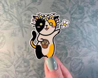Daisy Calico Cat Sticker: Laminated Glossy Vinyl, Flower Design