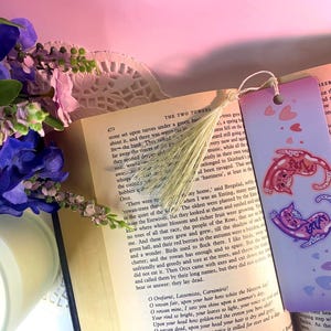 Sweet Cats Stretching Couple Bookmark | Cute Laminated Bookmark with Tassel | Kawaii Gift for Bookworms | Valentine&#39;s Day Gift Stuffer