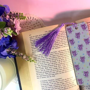 Sweet Cats Taro Dessert Bookmark | Cute Laminated Bookmark with Tassel | Kawaii Bookish Gift for Cat Lovers, Bookworms, & Dessert Lovers